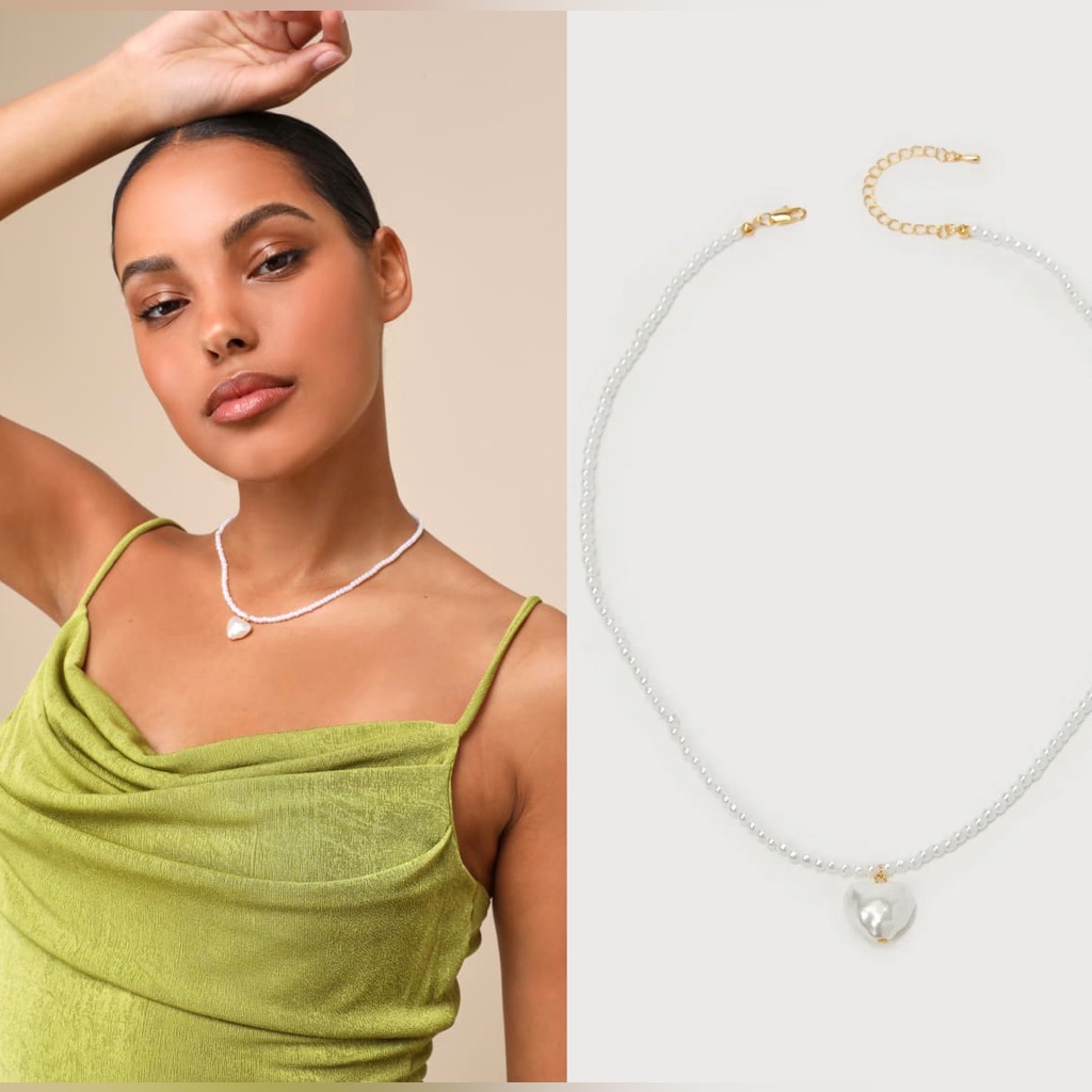 Lulus Lovely Glow White Pearl Beaded Heart Pendant Necklace 25$